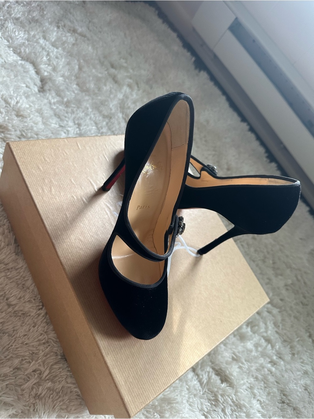 Christian Louboutin Black Velvet Mary Jane Pumps with Crystal Flower - Picture 2 of 11